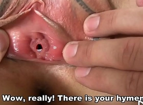 Horny boy eats virgin pussy before shafting his strapon inside